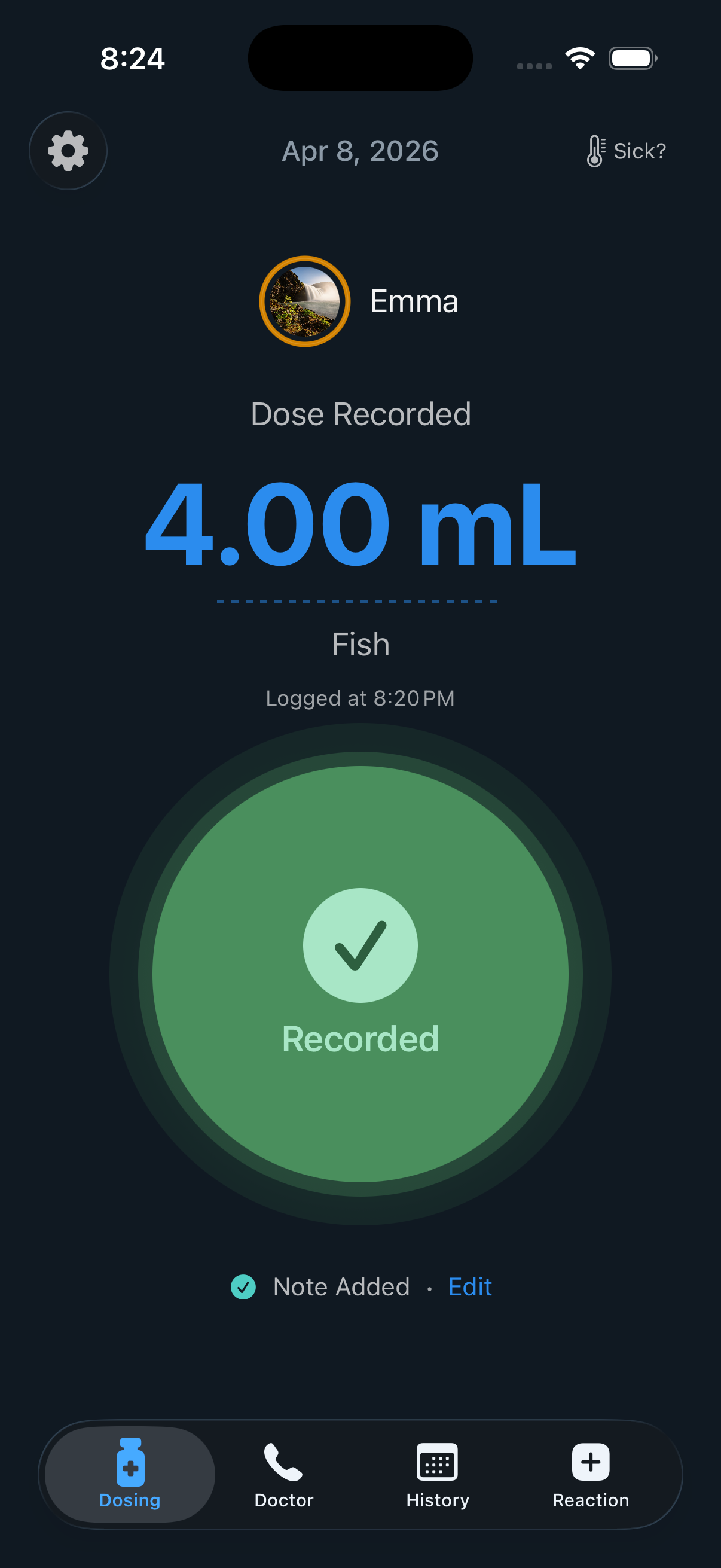 Dosing screen: 4.00 mL dose recorded for Fish with green confirmation checkmark