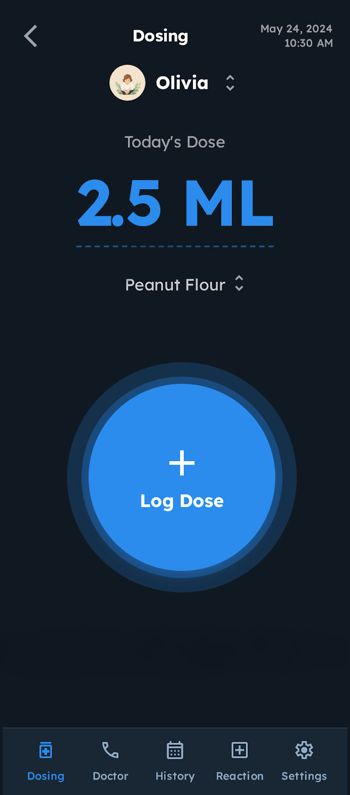 OIT Tracker dosing screen showing today's dose amount with a large Log Dose button