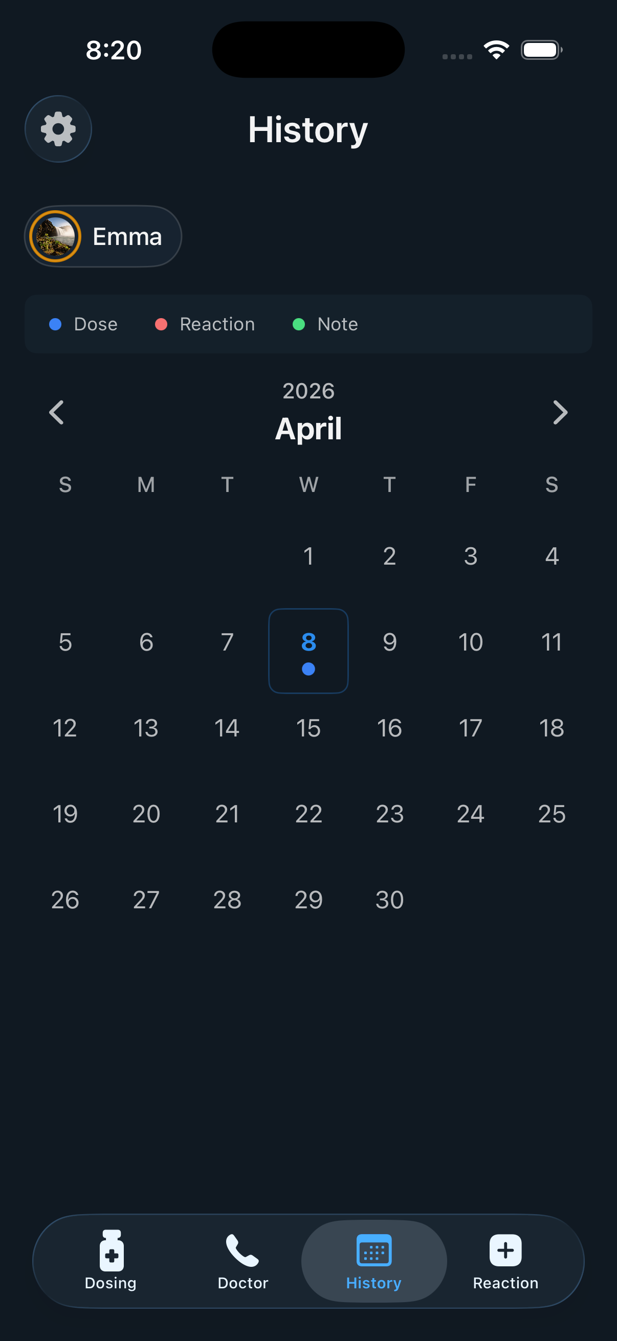 History calendar for April 2026 with colored dots marking doses, reactions, and notes