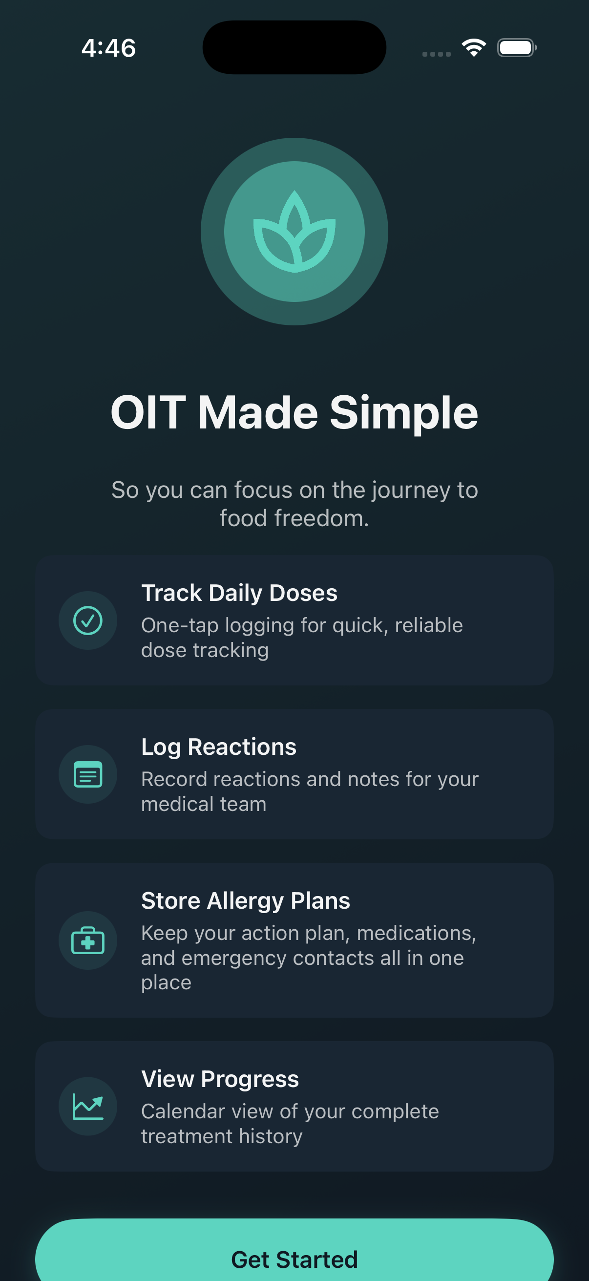 OIT Tracker welcome screen with the tagline OIT Made Simple and a Get Started button